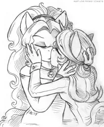 Size: 904x1100 | Tagged: safe, artist:kaemantis, deleted from derpibooru, derpibooru import, adagio dazzle, sunset shimmer, anthro, siren, unicorn, female, gem, grayscale, kissing, lesbian, monochrome, shipping, simple background, siren gem, sunsagio, white background