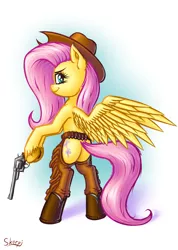 Size: 1664x2340 | Tagged: safe, artist:skorpionletun, derpibooru import, fluttershy, pegasus, pony, assless chaps, badass, bipedal, chaps, cowboy hat, cowgirl, female, flutterbadass, gradient background, gun, handgun, hat, mare, plot, revolver, smiling, smirk, solo, unshorn fetlocks, weapon