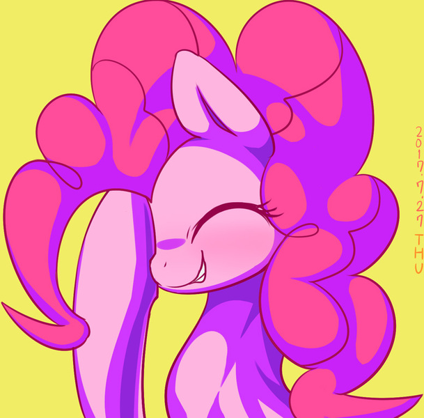 Size: 777x765 | Tagged: safe, artist:tangankittentail, derpibooru import, pinkie pie, earth pony, pony, cute, eyes closed, facehoof, image, jpeg, simple background, smiling, solo, yellow background