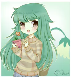 Size: 1300x1411 | Tagged: safe, artist:wolfchen999, derpibooru import, wallflower blush, equestria girls, equestria girls series, forgotten friendship, anime, clothes, cute, female, flowerbetes, freckles, pants, plant, solo, sweater, wallflower and plants