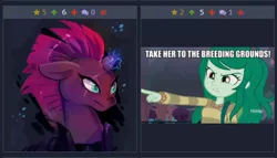 Size: 487x278 | Tagged: artist needed, suggestive, derpibooru import, fizzlepop berrytwist, tempest shadow, wallflower blush, derpibooru, equestria girls, equestria girls series, forgotten friendship, my little pony: the movie, 666 in id, breeding, broken horn, eye scar, get, implied sex, juxtaposition, juxtaposition win, meme, meta, pointing, scar, sparking horn