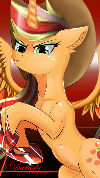 Size: 900x1600 | Tagged: safe, artist:darksly, derpibooru import, applejack, alicorn, pony, alicornified, applecorn, close-up, horn, princess, race swap, solo