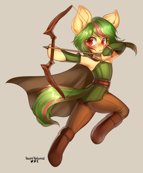 Size: 660x799 | Tagged: safe, artist:tawni-tailwind, derpibooru import, oc, oc:ardent arrow, unofficial characters only, earth pony, semi-anthro, armpits, arrow, blushing, boots, bow (weapon), cape, clothes, colored pupils, dexterous hooves, ear fluff, femboy, frown, gray background, male, running, shoes, shooting, simple background, solo, stallion, trap, weapon