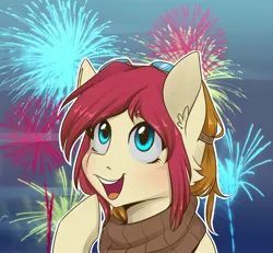 Size: 2333x2160 | Tagged: safe, artist:silbersternenlicht, derpibooru import, oc, oc:ketika, unofficial characters only, pegasus, pony, bust, clothes, female, fireworks, mare, open mouth, portrait, scarf, solo