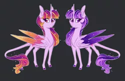 Size: 2000x1301 | Tagged: safe, artist:australian-senior, derpibooru import, twilight sparkle, twilight sparkle (alicorn), oc, oc:asteria ouranios, alicorn, pony, kirindos, alternate design, alternate universe, colored hooves, colored wings, gray background, simple background, starry wings