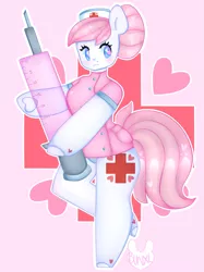 Size: 2621x3500 | Tagged: suggestive, artist:bunxl, derpibooru import, nurse redheart, anthro, earth pony, unguligrade anthro, anatomically incorrect, arm hooves, clothes, female, hair bun, heart, incorrect leg anatomy, mare, nurse outfit, solo, solo female, syringe