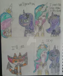 Size: 1024x1241 | Tagged: artist:tobiisabunny, celestia is not amused, derpibooru import, oc, oc:dante, oc:dante the savage imp, princess celestia, princess luna, safe, source needed, unamused, useless source url, watermark