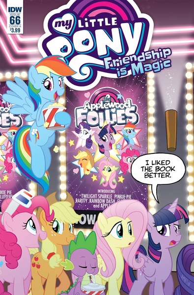 Size: 1054x1600 | Tagged: safe, artist:tonyfleecs, derpibooru import, idw, applejack, fluttershy, pinkie pie, rainbow dash, rarity, spike, twilight sparkle, twilight sparkle (alicorn), alicorn, pony, spoiler:comic, spoiler:comic66, food, movie poster, my little pony logo, parody, popcorn, self ponidox, the applewood follies