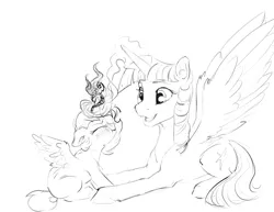 Size: 3300x2550 | Tagged: safe, artist:silfoe, derpibooru import, twilight sparkle, twilight sparkle (alicorn), oc, oc:eventide glisten, alicorn, pony, other royal book, alicorn oc, black and white, duo, eyes closed, female, filly, fire, glowing horn, grayscale, magic, magical lesbian spawn, mare, monochrome, mother and daughter, offspring, parent:princess luna, parent:twilight sparkle, parents:twiluna, prone, simple background, sketch, smiling, white background