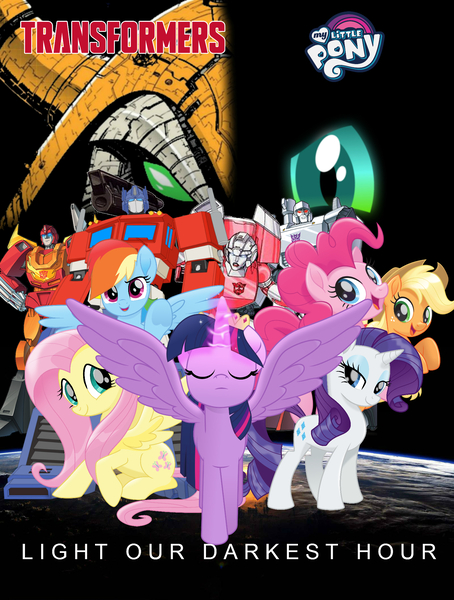 Size: 1600x2115 | Tagged: alicorn, applejack, arcee, artist:illumnious, artist:shutterflyeqd, clash of hasbro's titans, cover art, crossover, derpibooru import, fanfic:light our darkest hour, fluttershy, hot rod, mane six, megatron, optimus prime, pinkie pie, queen chrysalis, rainbow dash, rarity, safe, transformers, transformers generation 1, twilight sparkle, twilight sparkle (alicorn), unicron