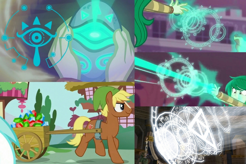 Size: 3072x2048 | Tagged: safe, derpibooru import, screencap, lyra heartstrings, quarter hearts, sunset shimmer, wallflower blush, ponified, earth pony, pony, equestria girls, equestria girls series, flutter brutter, forgotten friendship, cart, comparison, cropped, female, gem, link, magic, magic circle, mare, memory, memory stone, mirror of twilight, reference, runes, rupee, sheikah stone, smiling, smirk, solo focus, the legend of zelda, the legend of zelda: twilight princess, trotting, written equestrian