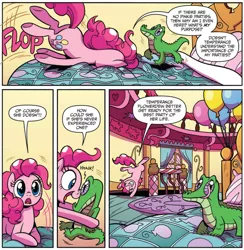 Size: 920x944 | Tagged: safe, artist:brendahickey, derpibooru import, idw, gummy, pinkie pie, alligator, earth pony, pony, spoiler:comic, spoiler:comic63, comic, cropped, duo, female, male, mare, official comic, speech bubble
