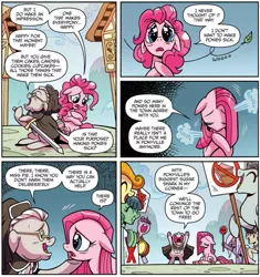 Size: 947x1008 | Tagged: dead source, safe, artist:brendahickey, derpibooru import, idw, octavia melody, pinkie pie, temperance flowerdew, earth pony, pony, spoiler:comic, spoiler:comic63, anti-sugar league, carrie nation, comic, cropped, female, floppy ears, happy, mare, official comic, pinkamena diane pie, poof, sad, sign, speech bubble, sword, weapon
