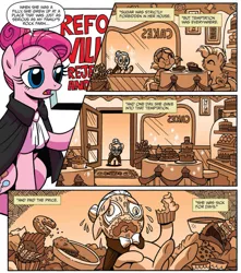 Size: 915x1037 | Tagged: dead source, safe, artist:brendahickey, derpibooru import, idw, pinkie pie, temperance flowerdew, earth pony, pony, spoiler:comic, spoiler:comic63, alternate hairstyle, cake, carrie nation, comic, crying, diabetes fuel, fat, female, filly, flashback, foal, food, mare, official comic, pie, pinkamena diane pie, sepia, speech bubble, stomach ache, stuffed, sugar rush, this will end in diabetes, younger