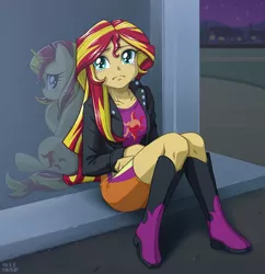 Size: 870x900 | Tagged: safe, artist:uotapo, derpibooru import, sunset shimmer, pony, unicorn, equestria girls, boots, clothes, courtyard, crying, cute, despair, duality, feels, female, homesick shimmer, human ponidox, magic mirror, mare, portal, reflection, sad, sadorable, self ponidox, shimmerbetes, shoes, skirt, solo, sunsad shimmer, teary eyes, woobie