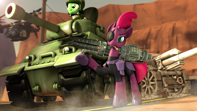 Size: 1920x1080 | Tagged: safe, artist:jachau, derpibooru import, tempest shadow, unicorn, my little pony: the movie, 3d, army, cannon, cigar, day, desert, dust, eyepatch, fallout, female, helicopter, imperial guard, looking at you, mare, road, source filmmaker, tank (vehicle), vertibird