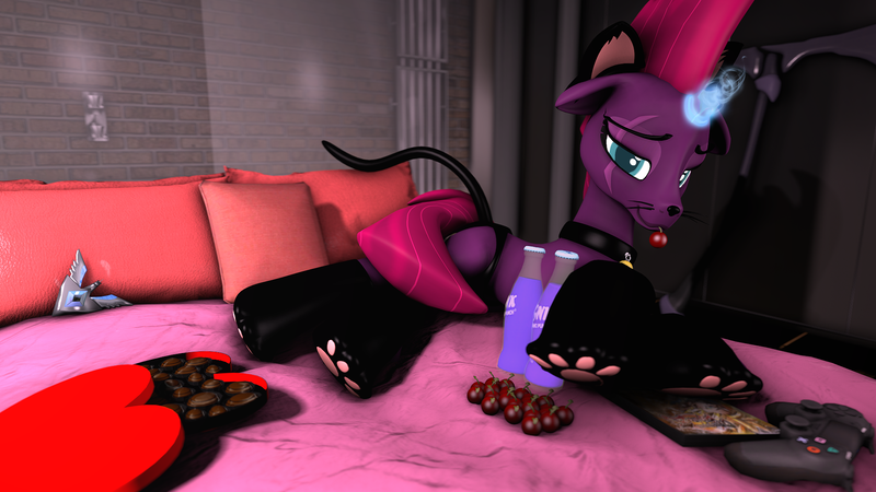 Size: 1920x1080 | Tagged: 3d, artist:jachau, bed, bedroom eyes, broken horn, cat tail, cherry, chocolate, cushion, derpibooru import, drink, eye scar, female, food, hearts and hooves day, looking at you, lying down, magic, mare, my little pony: the movie, scar, soda, source filmmaker, suggestive, tempest shadow