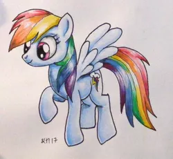 Size: 869x800 | Tagged: safe, artist:andpie, derpibooru import, rainbow dash, pegasus, pony, female, mare, raised hoof, simple background, solo, traditional art, white background