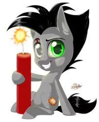 Size: 651x800 | Tagged: safe, artist:unisoleil, derpibooru import, oc, oc:gitzo, earth pony, pony, chibi, dynamite, explosives, eye scar, grin, heterochromia, hoof hold, male, scar, simple background, smiling, solo, stallion, this will end in death, transparent background