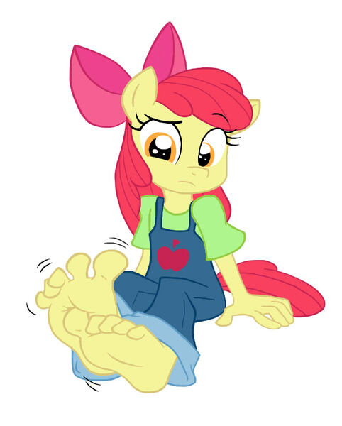 Size: 660x821 | Tagged: safe, artist:dertikleen, derpibooru import, apple bloom, anthro, plantigrade anthro, barefoot, clothes, feet, female, fetish, foot fetish, foot focus, image, itchy, jpeg, overalls, scratching, simple background, sitting, soles, solo, toes, white background, wiggle, wiggling toes