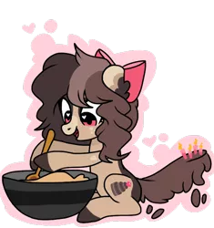 Size: 640x680 | Tagged: safe, artist:chococakebabe, derpibooru import, oc, oc:choco cake delight, unofficial characters only, earth pony, pony, augmented tail, batter, female, food, heart eyes, mare, simple background, sitting, solo, transparent background, wingding eyes