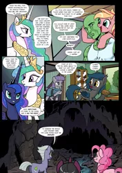 Size: 1363x1920 | Tagged: safe, artist:pencils, derpibooru import, limestone pie, maud pie, princess celestia, princess luna, oc, oc:anon, oc:mascara maroon, oc:moonglow twinkle, oc:speck, alicorn, bat pony, earth pony, pony, unicorn, comic:anon's pie adventure, aweeg*, bat pony oc, cavern, clothes, comic, crown, dialogue, eating, female, food, i am the night, jewelry, looking back, mare, peytral, pie, regalia, royal sisters, speech bubble