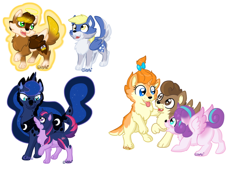 Size: 1024x768 | Tagged: safe, artist:usagi-zakura, derpibooru import, derpy hooves, pound cake, princess flurry heart, princess luna, pumpkin cake, twilight sparkle, wolf, cake twins, chest fluff, chibi angel doctor, my little wolf, simple background, species swap, tongue out, white background