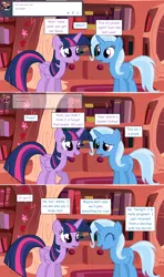 Size: 1280x2168 | Tagged: safe, artist:hakunohamikage, derpibooru import, trixie, twilight sparkle, twilight sparkle (alicorn), alicorn, pony, ask-princesssparkle, ask, female, golden oaks library, implied lesbian, implied shipping, implied suntrix, pregnant, tumblr