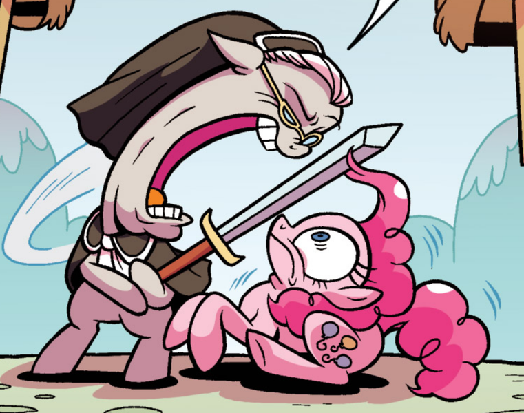 Size: 1046x825 | Tagged: safe, artist:brendahickey, derpibooru import, idw, pinkie pie, temperance flowerdew, pony, spoiler:comic, spoiler:comic63, carrie nation, cropped, disproportional anatomy, duo, faic, female, mare, official comic, open mouth, sword, volumetric mouth, wat, weapon, wtf