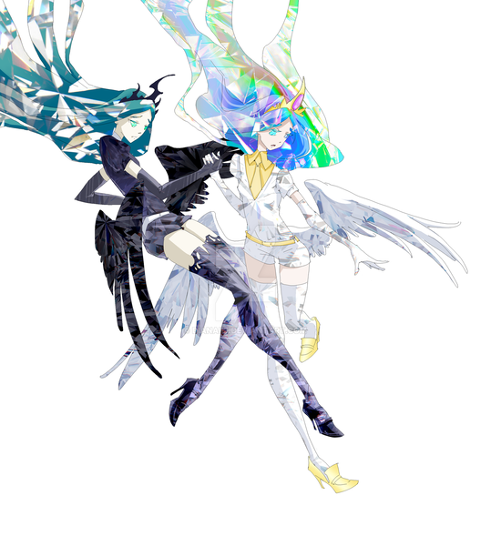 Size: 1280x1426 | Tagged: anime, anime crossover, artist:dianaiiz, butt wings, chryslestia, clothes, crossover, crystallized, crystal pony, derpibooru import, female, gloves, high heels, holding hands, houseki no kuni, human, humanized, jewelry, land of the lustrous, leggings, lesbian, long gloves, looking down, necktie, princess celestia, queen chrysalis, safe, shipping, shoes, simple background, sparkling, tiara, white background