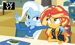 Size: 990x600 | Tagged: safe, derpibooru import, screencap, sunset shimmer, trixie, equestria girls, equestria girls series, forgotten friendship, cafeteria, food, salad, tv rating, tv-y7