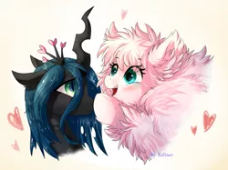 Size: 1707x1280 | Tagged: safe, artist:kaliner123, derpibooru import, queen chrysalis, oc, oc:fluffle puff, changeling, changeling queen, pony, blushing, boop, canon x oc, chrysipuff, cute, cutealis, female, flufflebetes, gradient background, heart, horn, lesbian, mare, shipping, signature, simple background