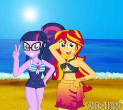 Size: 2872x2576 | Tagged: safe, artist:cyber-murph, derpibooru import, sci-twi, sunset shimmer, twilight sparkle, equestria girls, equestria girls series, forgotten friendship, arm behind head, beach, belly, belly button, bikini, clothes, geode of empathy, geode of telekinesis, glasses, magical geodes, midriff, ocean, one-piece swimsuit, peace sign, sarong, swimsuit