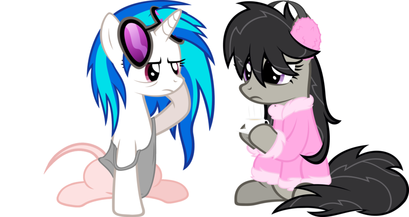 Size: 4167x2211 | Tagged: safe, artist:zacatron94, derpibooru import, edit, edited edit, editor:slayerbvc, octavia melody, vinyl scratch, earth pony, pony, unicorn, bathrobe, bed mane, bottomless, clothes, coffee, earmuffs, female, furless, furless edit, mare, messy mane, morning ponies, off shoulder, partial nudity, partial nudity edit, robe, simple background, sitting, sunglasses, tanktop, transparent background, vector