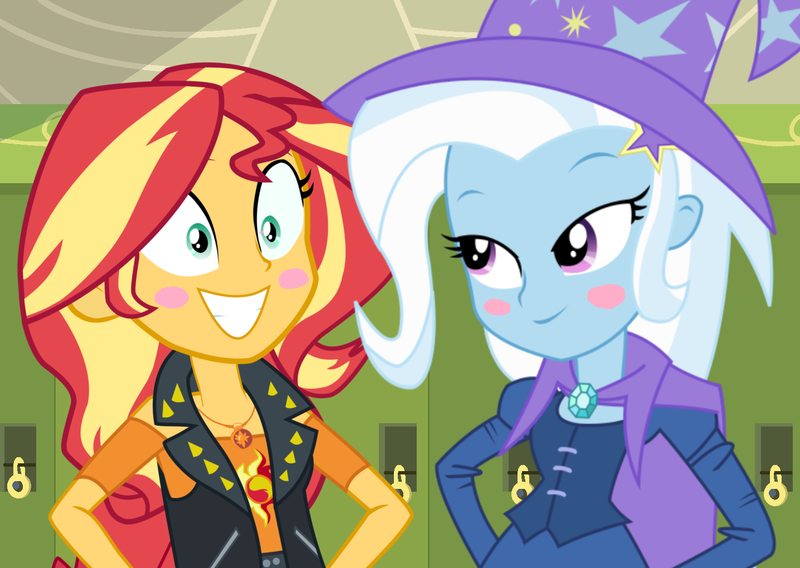 Size: 1436x1020 | Tagged: safe, artist:themexicanpunisher, derpibooru import, sunset shimmer, trixie, equestria girls, equestria girls series, blush sticker, blushing, cape, clothes, female, grin, hat, lesbian, lidded eyes, shipping, shirt, smiling, suntrix, trixie's cape, trixie's hat, vest, waistcoat