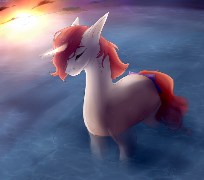 Size: 6000x5291 | Tagged: safe, artist:lastaimin, derpibooru import, oc, pony, unicorn, absurd resolution, eyes closed, solo, sunset, water