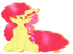 Size: 1024x759 | Tagged: safe, artist:vanillaswirl6, derpibooru import, apple bloom, earth pony, pony, bow, chest fluff, colored pupils, cute, cutie mark, ear fluff, female, floppy ears, fluffy, freckles, hoof fluff, leg fluff, looking down, mare, older, open mouth, ribbon, simple background, sitting, solo, the cmc's cutie marks, transparent background