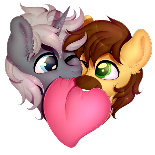 Size: 3000x3000 | Tagged: safe, artist:meowcephei, derpibooru import, oc, oc:ardent shield, oc:calpain, unofficial characters only, pony, unicorn, bust, colored pupils, couple, cute, ear fluff, gay, hearts and hooves day, holiday, looking at each other, male, oc x oc, one eye closed, pillow, shipping, simple background, transparent background, valentine's day, ych result