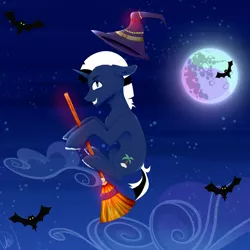 Size: 3000x3000 | Tagged: safe, artist:vikalev333, derpibooru import, oc, oc:shabaco, bat, unicorn, broom, flying, flying broomstick, halloween, hat, holiday, male, mare in the moon, moon, solo, stars, unshorn fetlocks, witch hat, ych result