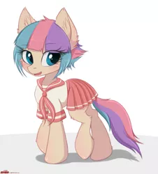 Size: 1597x1764 | Tagged: safe, artist:orang111, derpibooru import, oc, oc:sugar muffin, unofficial characters only, earth pony, pony, blushing, clothes, cute, female, ocbetes, pleated skirt, school uniform, simple background, skirt, solo, walking, white background