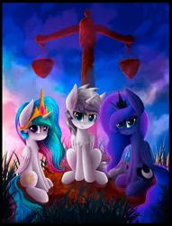 Size: 3812x4982 | Tagged: safe, artist:atlas-66, derpibooru import, princess celestia, princess luna, oc, oc:balanced aspect, alicorn, pony, fanfic, alicorn oc, balance, fanfic art, female, grass, male, mare, scale, sitting, stallion, trio