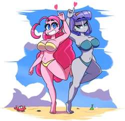 Size: 3523x3422 | Tagged: suggestive, artist:sourspot, derpibooru import, maud pie, pinkie pie, crab, equestria girls, armpits, barefoot, beach, belly button, big breasts, bikini, blushing, breasts, busty maud pie, busty pinkie pie, cleavage, clothes, duo, duo female, feet, female, heart, looking at you, outdoors, pie sisters, sand, siblings, sisters, smiling, swimsuit