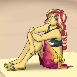 Size: 900x900 | Tagged: safe, artist:funakounasoul, derpibooru import, sunset shimmer, equestria girls, equestria girls series, forgotten friendship, clothes, feet, flip-flops, sandals, sitting, smiling, solo, swimsuit