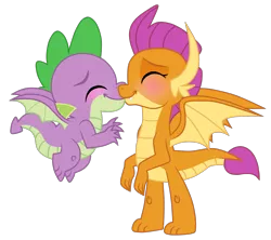 Size: 2370x2100 | Tagged: artist:smallbluetiger, blushing, derpibooru import, dragon, dragoness, duo, eyes closed, female, kissing, male, molt down, safe, shipping, simple background, smolder, spike, spolder, straight, transparent background, winged spike