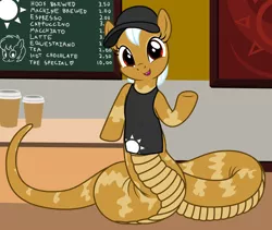 Size: 2968x2510 | Tagged: safe, artist:badumsquish, derpibooru import, applejack, oc, oc:ninia, unofficial characters only, lamia, monster pony, original species, tatzlpony, apron, badumsquish is trying to murder us, barista, baseball cap, cap, chalkboard, chubby, clothes, coffee, coffee shop, counter, cute, cute little fangs, drawing, fangs, female, grin, hair net, happy, hat, heart, leaning on table, looking at you, menu, mottled coat, ocbetes, painting, show accurate, sketch, smiling, solo, species swap, sun, table, tatzljack, white hair