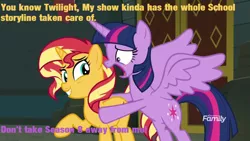 Size: 1280x720 | Tagged: safe, derpibooru import, edit, edited screencap, screencap, sunset shimmer, twilight sparkle, twilight sparkle (alicorn), alicorn, pony, unicorn, equestria girls, equestria girls series, forgotten friendship, spoiler:s08, don't take this away from me, duo, raised hoof