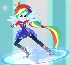 Size: 1125x1020 | Tagged: safe, derpibooru import, screencap, rainbow dash, equestria girls, equestria girls series, forgotten friendship, clothes, cropped, geode of super speed, magical geodes, pants, ponied up, solo, super sentai stance, transformation