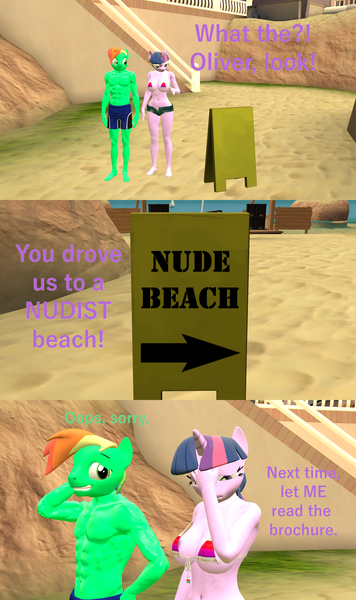 Size: 1920x3240 | Tagged: 3d, anthro, areola, areola slip, artist:papadragon69, breasts, busty twilight sparkle, clothes, comic, derpibooru import, nudist beach, oc, oc:oliver, oops, partial nudity, plantigrade anthro, questionable, source filmmaker, topless, twilight sparkle, twiliver, wardrobe malfunction