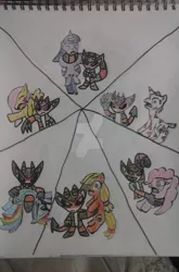 Size: 1024x1553 | Tagged: alicorn, applejack, artist:tobiisabunny, derpibooru import, fluttershy, mane six, oc, oc:dante, oc:dante the savage imp, pinkie pie, rainbow dash, rarity, semi-grimdark, simple background, traditional art, twilight sparkle, twilight sparkle (alicorn), white background