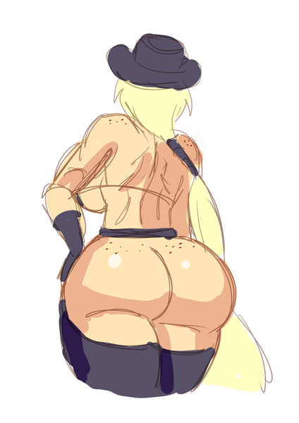 Size: 919x1300 | Tagged: applebucking thighs, applebutt, applejack, artist:annon, assless chaps, bimbo, bimbo jack, breasts, busty applejack, chaps, derpibooru import, evil applejack, female, freckles, human, humanized, i can't believe it's not sundown, mirror universe, nudity, questionable, shoulder freckles, simple background, solo, solo female, the ass was fat, white background